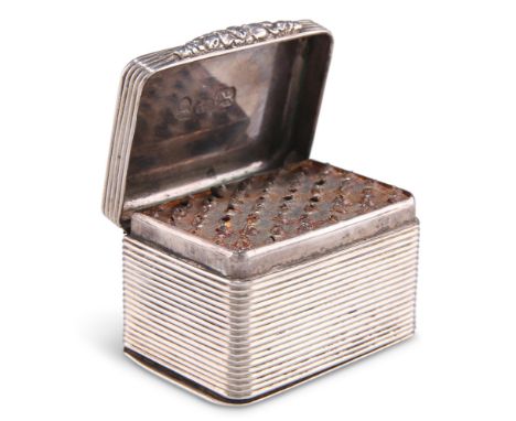 A GEORGE IV SILVER NUTMEG GRATER,&nbsp;by Thomas Shaw, Birmingham 1826, rectangular, with reeded sides, engine-turned engravi