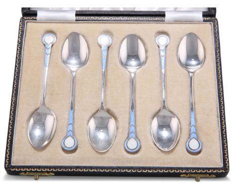 AN ELIZABETH II SET OF SIX SILVER AND ENAMEL TEASPOONS, by William Suckling Ltd,&nbsp;Birmingham 1950, in Art Deco style, the