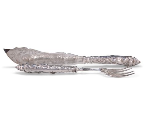 A FINE PAIR OF VICTORIAN SILVER FISH SERVERS,&nbsp;by&nbsp;Joseph Rodgers &amp; Sons, Sheffield 1851 and 1853, each handle bo