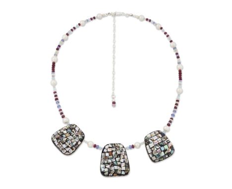 AN ABALONE AND GEMSTONE BEAD NECKLACE, three graduated abalone mosaic beads strung to a necklace of faceted ruby, heliodor, t