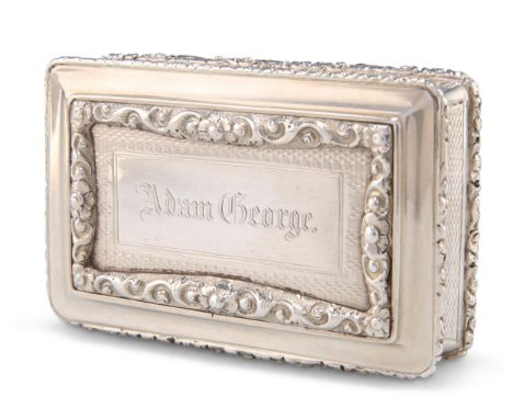 A VICTORIAN SILVER SNUFF BOX,&nbsp;by Edward Smith, Birmingham 1839, rectangular, the sides and base with engine-turned engra