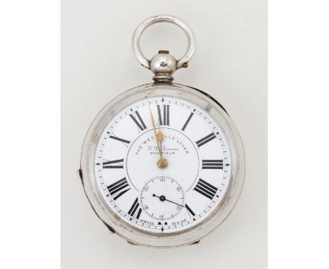A SILVER OPEN FACED POCKET WATCH,&nbsp;the circular white enamel dial signed "The Westville Lever" HG Graves Sheffield, black
