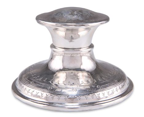 AN ARTS AND CRAFTS SILVER CAPSTAN INKWELL, by&nbsp;William Hair Haseler, Birmingham 1919, of characteristic form, the spot-ha