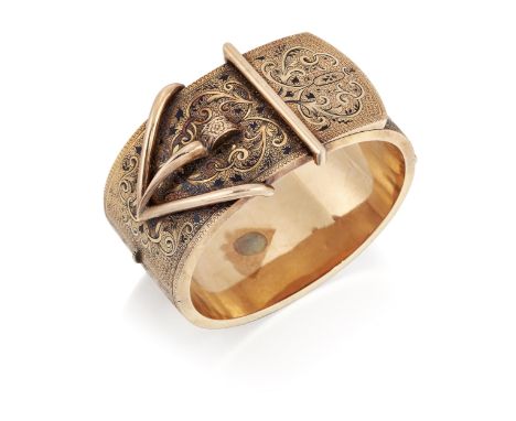 A 19TH CENTURY BUCKLE BANGLE, with foliate decoration picked out in black enamel. 3cm wide, 4.7cm by 5.7cm inner diameter, 65