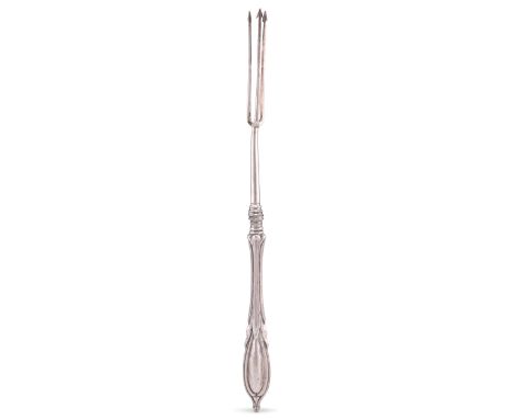 A VICTORIAN LARGE SILVER PICKLE FORK,&nbsp;by George Unite, Birmingham, probably 1859, of triple-pronged trident form. 22.5cm