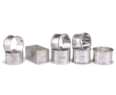 EIGHT ASSORTED SILVER NAPKIN RINGS, VICTORIAN AND LATER, including one by Ackroyd Rhodes, Manoah Rhodes &amp; Sons Ltd, Sheff