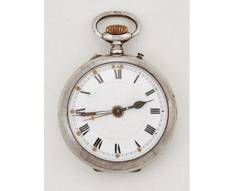 A SILVER OPEN FACE ALARM POCKET WATCH,&nbsp;the circular white enamel dial with black Roman index and outer minute track and 