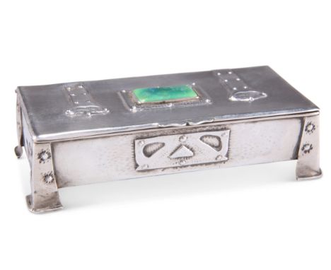 AN ARTS AND CRAFTS SILVER AND ENAMEL BOX,&nbsp;by&nbsp;Henry Charles Freeman, Birmingham 1904, rectangular, chased with strap