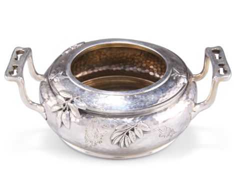 A VICTORIAN JAPANESQUE SILVER BOWL,&nbsp;by&nbsp;Richard Martin &amp; Ebenezer Hall, London 1879, squat circular form with tw