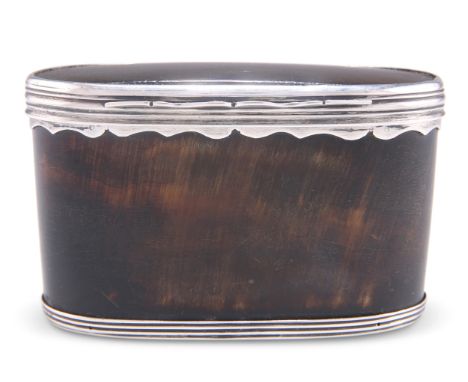 A SCOTTISH HORN SNUFF BOX, EARLY 19TH CENTURY,&nbsp;oval, with hinged cover, the reeded silver mounts unmarked. 5.5cm high, 9