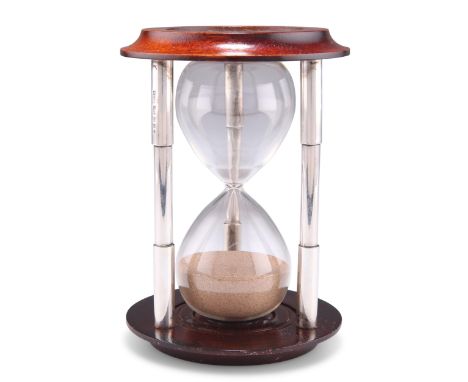 AN ELIZABETH II SILVER-MOUNTED EGG TIMER,&nbsp;by&nbsp;D &amp; P B, Birmingham 2000, each stained wooden moulded circular end