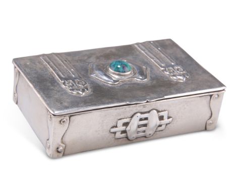 AN ARTS AND CRAFTS SILVER AND ENAMEL BOX, by C &amp; Co, Birmingham 1904, rectangular, chased with strapwork to the hinged co