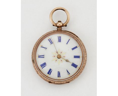 A 9 CARAT GOLD LADY'S POCKET WATCH, the circular ivory enamel dial with blue enamel Roman index and floral decoration to cent