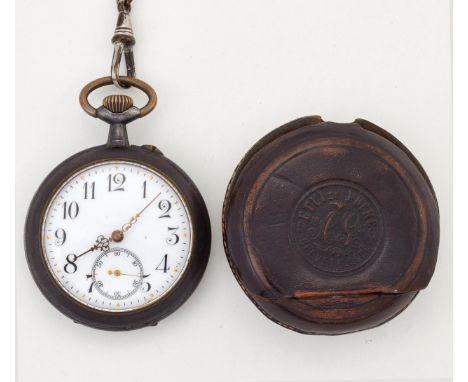A GUNMETAL OPEN FACED POCKET WATCH AND ALBERT CHAIN,&nbsp;the circular white enamel dial with Arabic index and sub seconds di