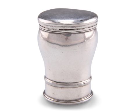 A SCOTTISH JACOBITE TYPE SILVER SNUFF MULL, unmarked, of baluster form with hinged oval cover, engraved 'F S' to underside. 5