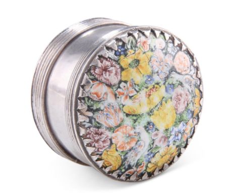 A CONTINENTAL SILVER AND ENAMEL BOX, 18th Century, maker's mark only N.L (struck to cover and base), circular with reeded ban