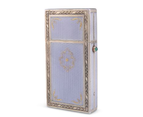 AN EDWARDIAN RARE SILVER AND ENAMEL CARD CASE, by Percy Edwards Ltd, London 1908, rectangular, the sprung hinged cover with g