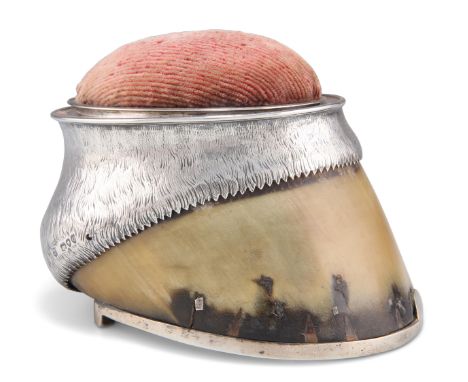 A VICTORIAN SILVER-MOUNTED HORSE HOOF PIN CUSHION,&nbsp;by&nbsp;Edgar Finley &amp; Hugh Taylor, London 1892, inscribed 'DOROT