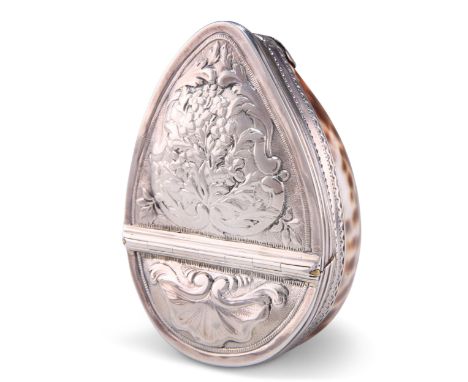 A LATE 18TH CENTURY FRENCH SILVER-MOUNTED COWRIE SHELL SNUFF BOX, the hinged cover repoussé&nbsp;with a shell, scrolls, flowe