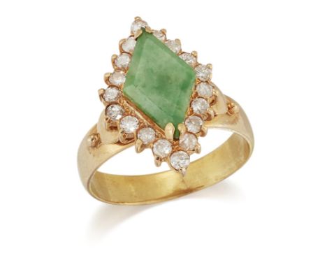 A JADE AND DIAMOND CLUSTER RING, a kite-cut jade within a border of round brilliant-cut diamonds. Estimated total diamond wei