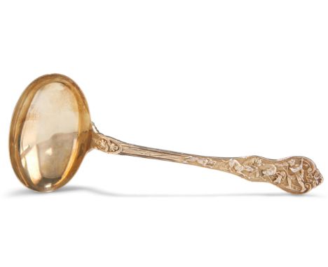 A FRENCH RARE SILVER-GILT SAUCE LADLE, EARLY 19TH CENTURY, Hunt pattern, engraved with a 'F' to the reverse. 18.5cm, 2.4 troy