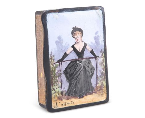 A FRENCH ENAMEL VESTA CASE, late 19th/early 20th Century, inscribed to one side 'Chaussée d'Antin 66' and 'Paris' twice. 5cm 