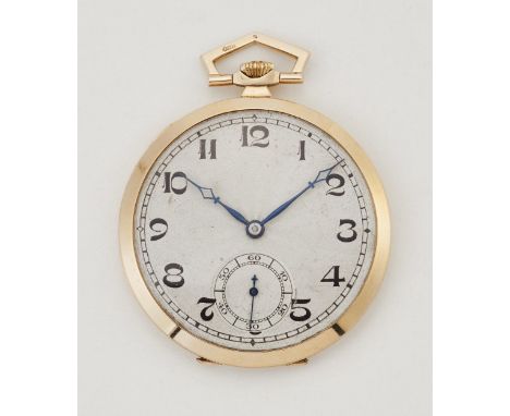 A 9 CARAT GOLD ART DECO POCKET WATCH, the circular off-white satin textured dial with black Arabic index and outer minute tra