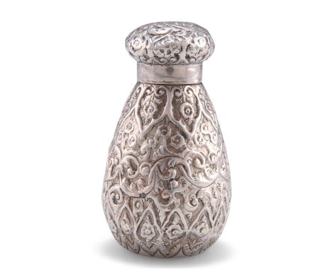 A VICTORIAN SILVER SCENT FLASK,&nbsp;by Deakin &amp; Francis Ltd,&nbsp;Birmingham 1887, of ovoid form with screw cap, chased 