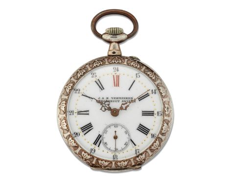 AN OPEN FACE POCKET WATCH, the circular white enamel dial with black Roman index and 24-hour outer indications, pierced scrol