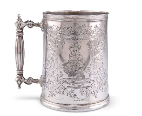 A VICTORIAN SILVER MUG, by Edward Charles Brown, London 1876, of straight-sided tapering form with reeded handle, engraved in