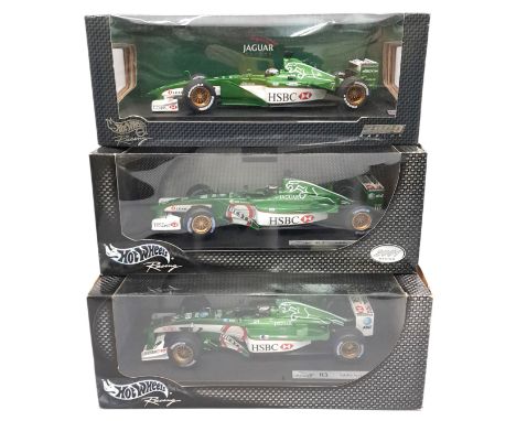 Mattel Hotwheels, a boxed group of "Eddie Irvine" Jaguar Racing 1:18 scale Formula 1 Racing Cars comprising of No.26741 R1, N