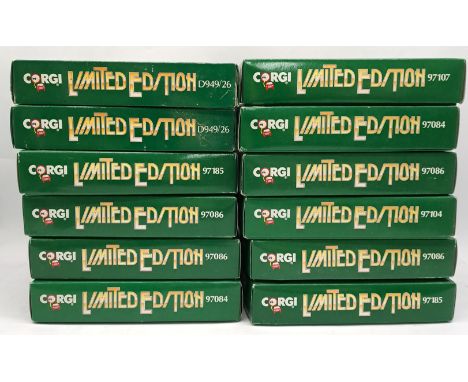 Corgi, a boxed commercial group comprising of buses and vans to include 97086 Bedford Pantechnicon "Freeborn's" and others. A