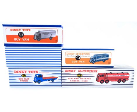 Dinky Toys (Norev/Atlas Editions) a boxed group, to include 512 Guy Flat Truck, 514 Guy Van and others. Conditions generally 