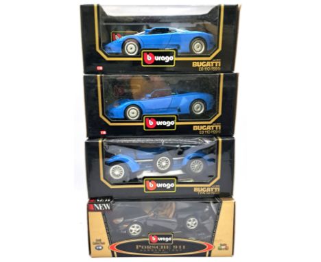 Bburago, a boxed 1:18 scale classic sports/high performance group to include 3385 Porsche 911 "Carrera" (1985), 3005 Bugatti 