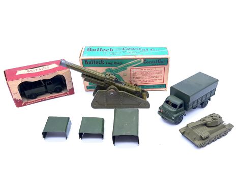 Military boxed and unboxed group comprising of Bullock Long Range Coastal Gun, Dinky Toys 621 3 Ton Army Wagon, Britains 8844