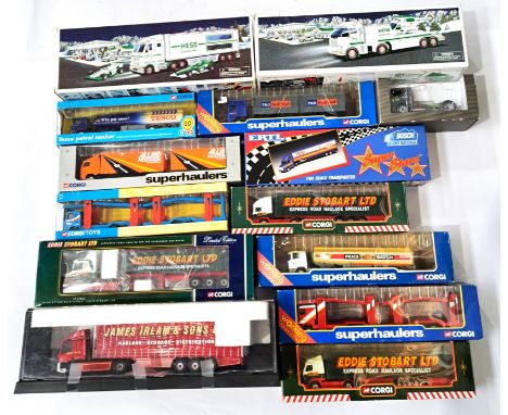 Corgi, Hess, ERTL and similar, a boxed Commercial Truck/Trailer group to include 2x Hess comprising of Toy Truck And Racecars