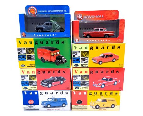 Vanguards, a boxed 1:43 Scale group to include Va05102 Austin Healey "Black &amp; Red" VA14000 Austin Mini Van "RAC" and simi