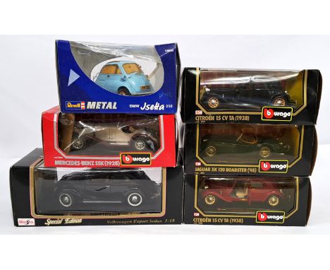 Bburago, Maisto and similar, a boxed 1:18 and 1:24 Scale group to include Bburago 1501 Citroen 15 CV TA (1938), Bburago 1502 