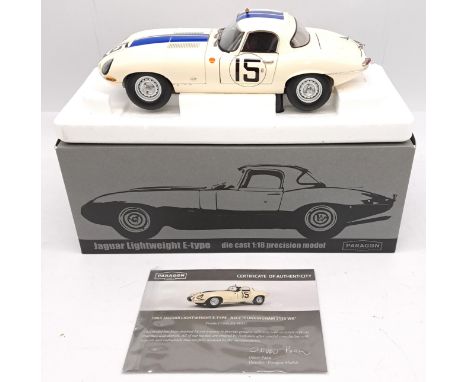 Paragon Models, a boxed 1:18 scale PA-908351 Jaguar LW E-Type "Cunningham" in White with Blue stripes and racing decals No.15