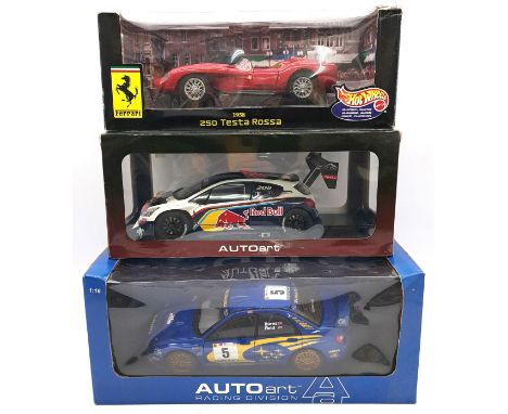 Autoart &amp; Mattel Hotwheels , a boxed 1:18 scale group comprising of Autoart Peugeot 208 T16 Pikes Peak Race Car 2013 "Red