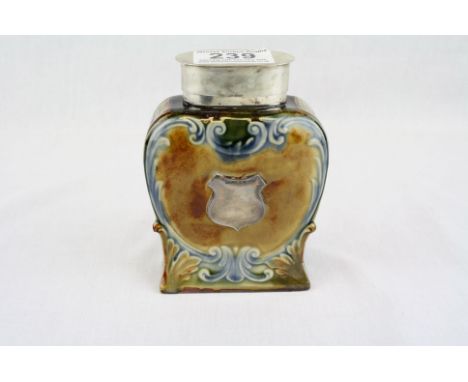 Victorian Doulton Lambeth Stoneware Tea Caddy with Silver Rim and White Metal Lid, Empty Shield Shape Silver Cartouche to one