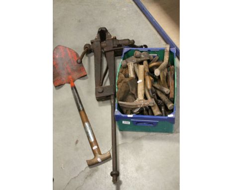Large quantity of tools to include hammers, drills, drillbits, planes, vice, shovel etc