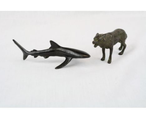 Cold painted Bronze model of a Wolf, approx 10cm long plus another Bronze model of a Shark approx13cm long