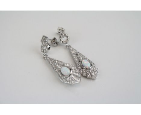 Pair of silver and CZ and opal drop earrings 