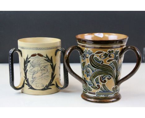 Doulton Lambeth glazed Stoneware Tyg, with Art Nouveau decoration, numbered 2721 to base, artist mark MVM, Mark V Marshall, s
