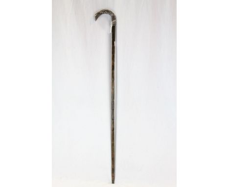 Antique oriental walking stick with dragon decorated silver handle, signed with character marks