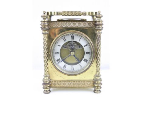 19th century French Gilt Brass Cased Carriage / Mantle Clock with Barometer set to top, swing handle, silvered chapter ring, 