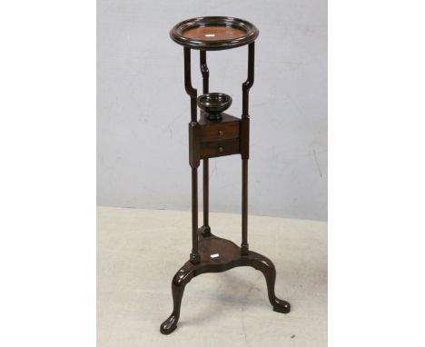 Georgian Mahogany Washstand raised on three turned slender supports with Soap Dish, Two Drawers and Pot Shelf, 25cms diameter