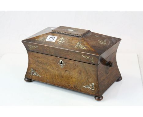 Sarcophagus style Rosewood twin compartment Tea Caddy with Mother of Pearl inlay &amp; on bun feet, lacks interior mixing bow