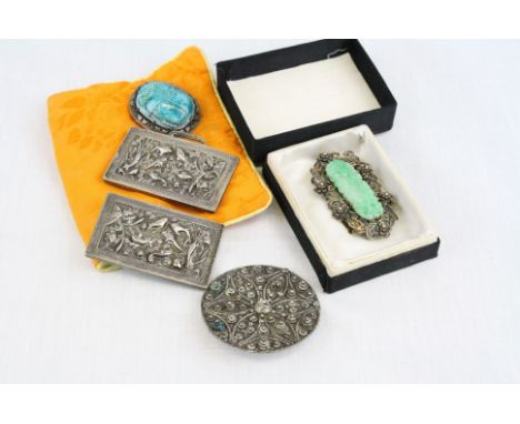 Collection of Middle Eastern and Asian Jewellery including Gilt Metal Brooch with Jade Panel, Two 9ct Gold Camel Pendants and